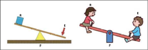 Figure 1-16. First class lever.F: Fulcrum = Support in the middle, E: Direction of Effort (Force), and R: Resistance = Load at both ends.